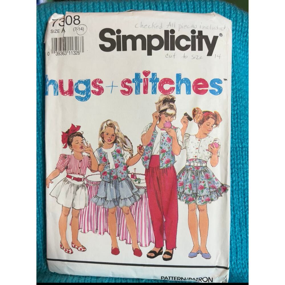 Simplicity Sewing pattern 7308 girls top pant skirt ruffle 1980s